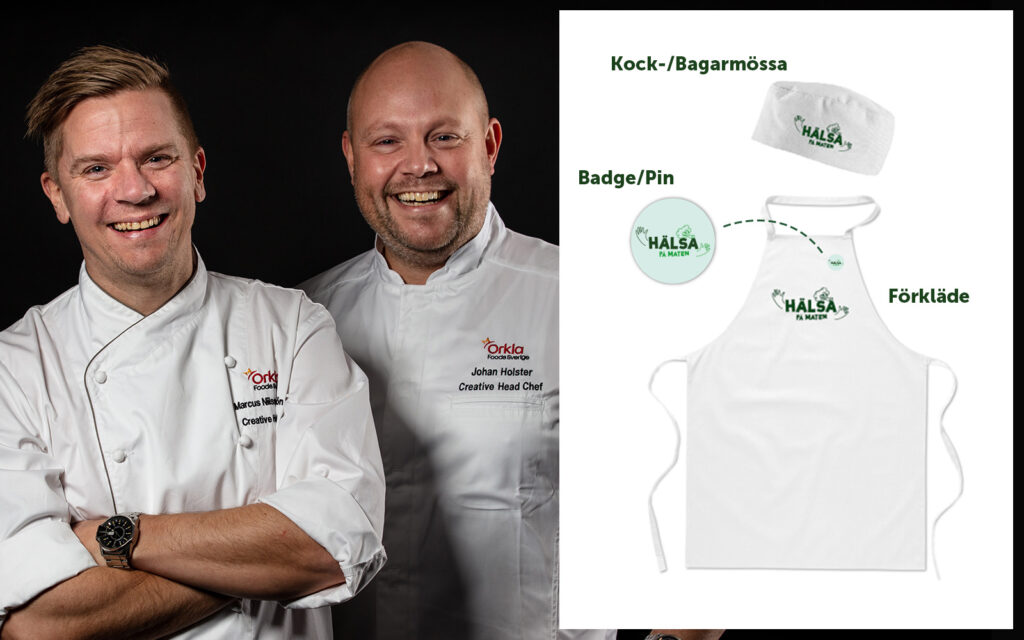 Marcus och Johan ler mot kameran i kockkläder. Inklippt syns förkläde, pin och mössa med Hälsa på Maten-logotypen.